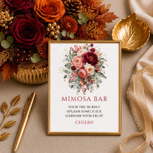 Mooie dieprode bloemige herfst bruiloft brunch mim poster