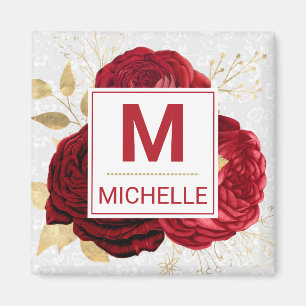 Mooie Dieprode en Gouden Bloemen Monogram Magneet
