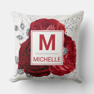 Mooie Dieprode en Zilveren Bloemen Monogram Kussen