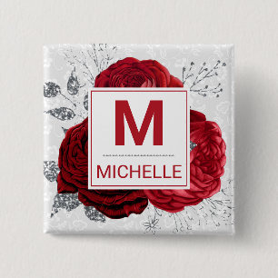 Mooie Dieprode en Zilveren Bloemen Monogram Vierkante Button 5,1 Cm