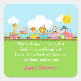 Mooie Dieren Circus Trein in Roze Boekplaat Sticke Vierkante Sticker