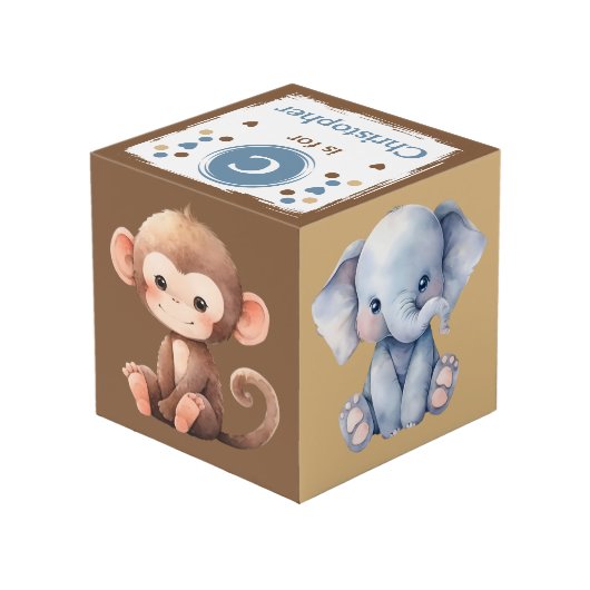 Mooie dierenfoto naam voor kinderkamer blauw bruin kubus (Achter hoekig)