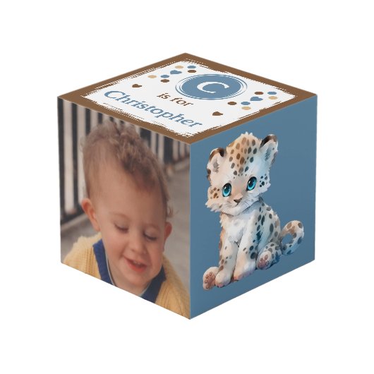 Mooie dierenfoto naam voor kinderkamer blauw bruin kubus (Voorkant hoekig)