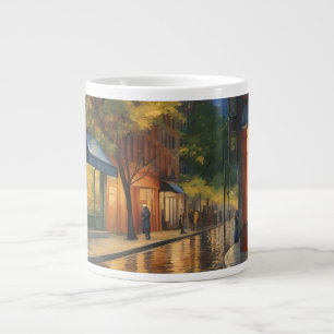 Mooie digitale schildering van stadsstraat bij nac grote koffiekop