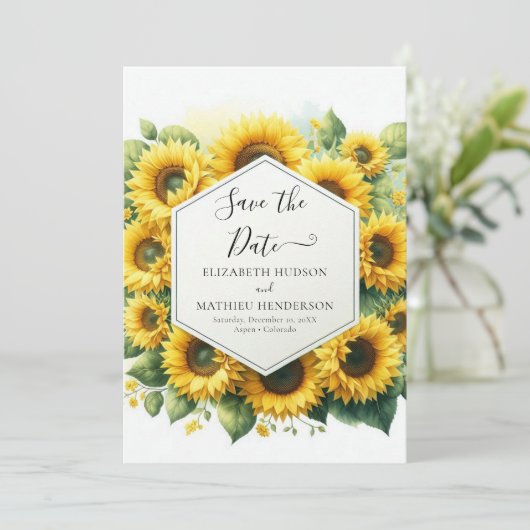 Mooie digitale zonnebloem bruiloft save the date (Staand voorkant)