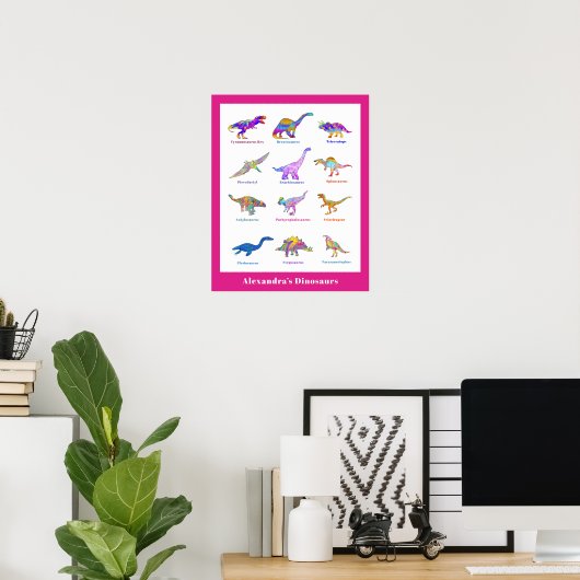 Mooie Dinosaur waterverf met namen roze Post Poster (Thuiskantoor)