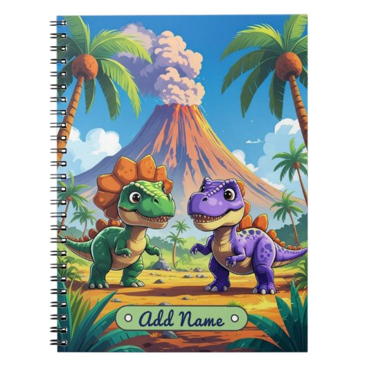 Mooie Dinosaurus Vulkan Notebook – Bewerkbare Naam Notitieboek (Voorkant)