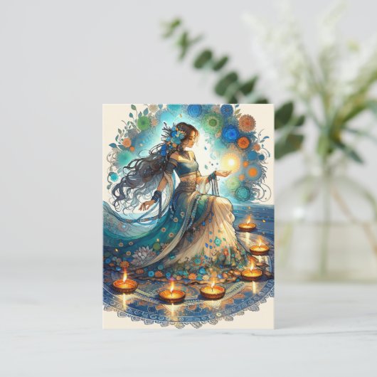 Mooie Diwali vrouw en Rangoli Feestdagenkaart (Staand voorkant)