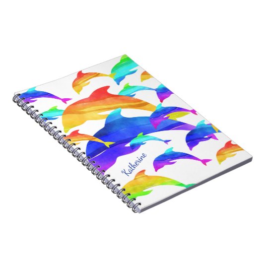 Mooie dolfijnen in regenboog met voornaam notitieboek (Rechterzijde)