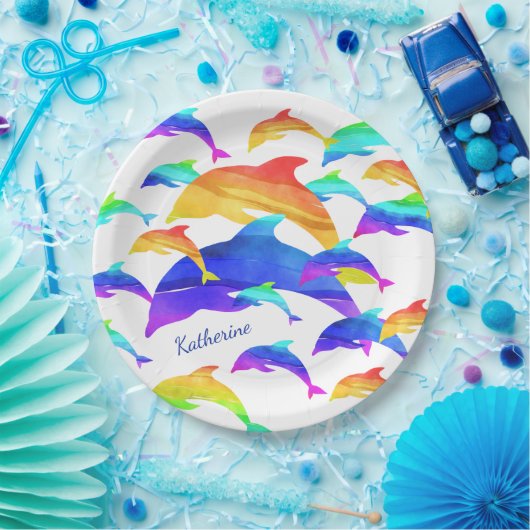 Mooie dolfijnen in regenboog met voornaam papieren bordje (Feest)