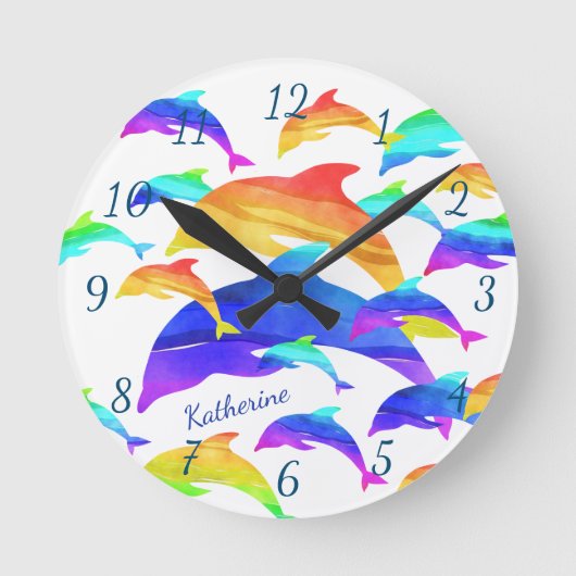 Mooie dolfijnen in regenboog met voornaam ronde klok (Voorkant)