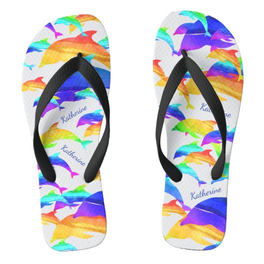 Mooie dolfijnen in regenboog met voornaam teenslippers (Voetbed)