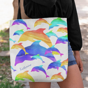 Mooie dolfijnen in regenboog met voornaam tote bag