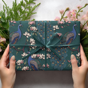 Mooie Donkere Blauwgroen Pauw en Magnolia Bloemen Cadeaupapier