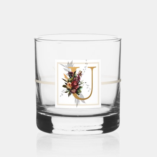 Mooie donkere bloemige goud versierd monogram U Whisky Glas (Voorkant)