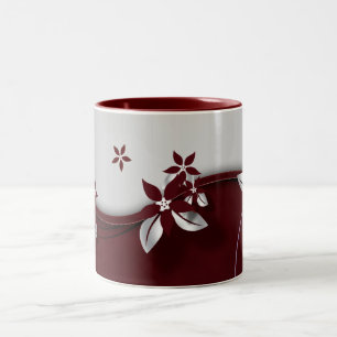 Mooie donkerrode en zilveren grijze effect bloemen tweekleurige koffiemok