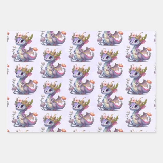 Mooie Draak met Elegant Kroon Patterned Inpakpapier Vel (Voorkant 3)