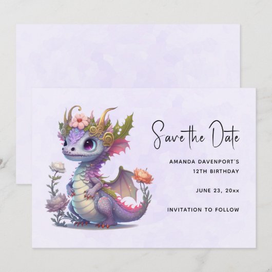 Mooie draak met elegante kroon save the date (Voorkant / Achterkant)