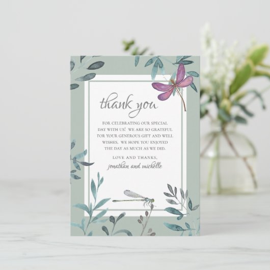 Mooie Dragonfly en een Grieks huwelijk in de tuin Bedankkaart (Staand voorkant)