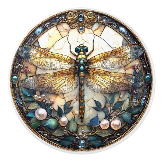 Mooie Dragonfly Roze Parels Turquoise Pareltjes Keramische Knop (Voorkant)