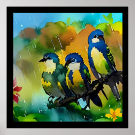 Mooie Drie Kleurrijke Vogels Zittend Op Tak I Poster