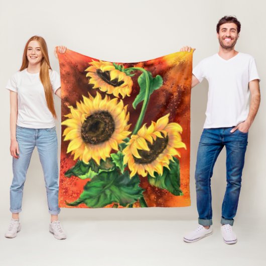 Mooie drie zonnebloemen - gemigreerde schilderkuns fleece deken (In situ)
