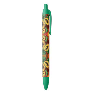 Mooie drie zonnebloemen - Migned Art Painting - Blauwe Inkt Pen