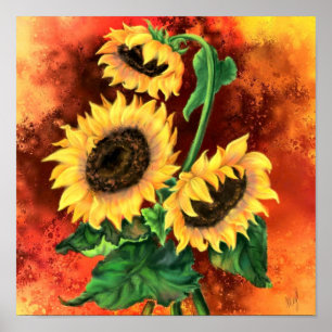 Mooie Drie Zonnebloemen Poster - Schilderij