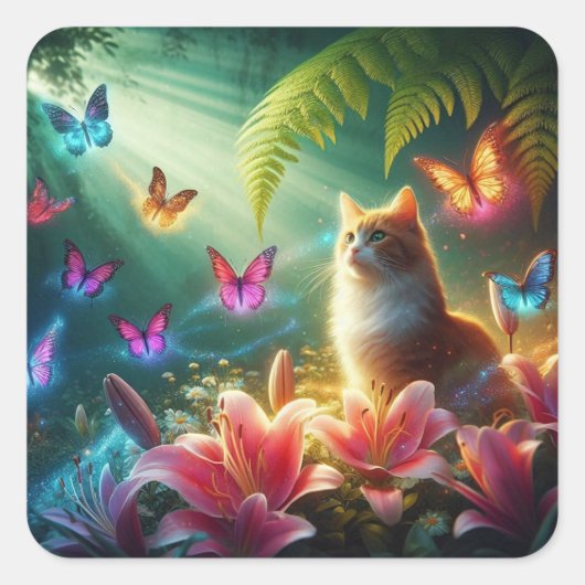 Mooie dromerige vlinders & Kat Vierkante Sticker (Voorkant)