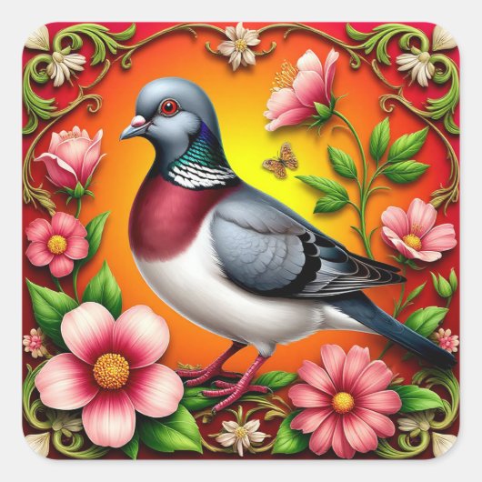 🌸 Mooie Duif Sticker Kleurrijke Bloemige Vogel (Voorkant)