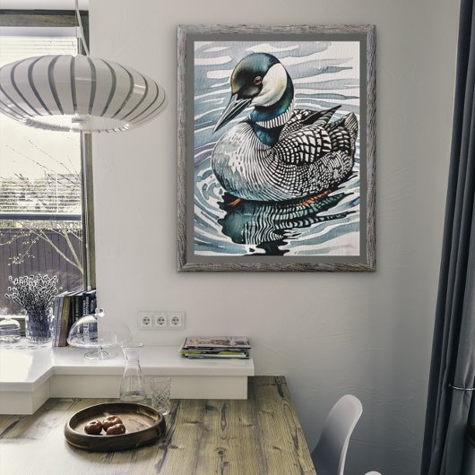 Mooie duiker op het water in aquarel poster