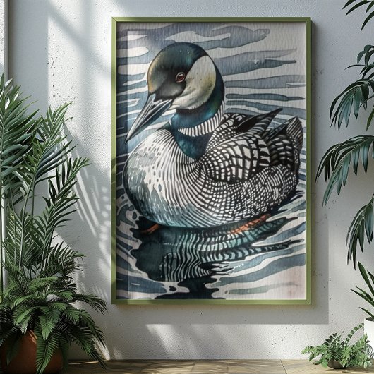 Mooie duiker op het water in aquarel poster