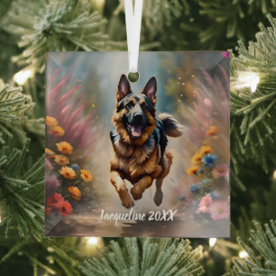 Mooie Duitse Herder Hond & Bloemen Glas Ornament