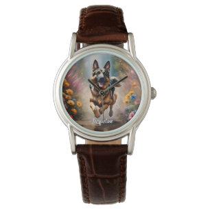 Mooie Duitse Herder Hond & Bloemen Horloge