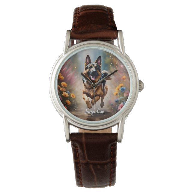 Mooie Duitse Herder Hond & Bloemen Horloge (Voorkant)