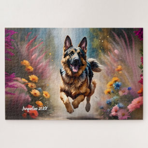 Mooie Duitse Herder Hond & Bloemen Legpuzzel