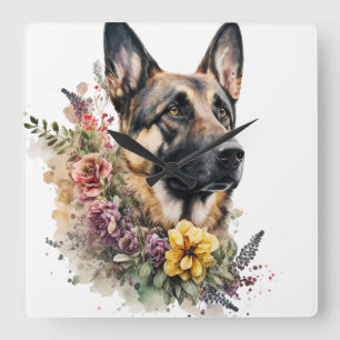 MOOIE DUITSE HERDERSHOND MET WILDE BLOEMEN VIERKANTE KLOK