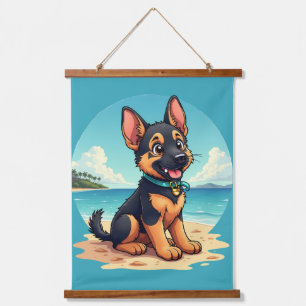 Mooie Duitse Herderspuppy Strand Illustratie Hangend Wandkleed