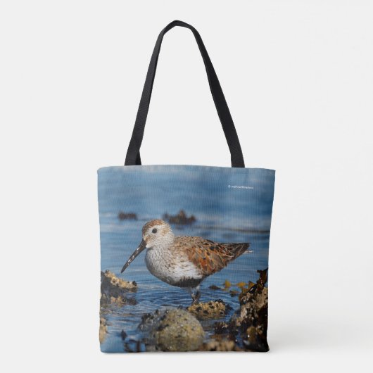 Mooie Dunlin Sandpiper Goes Solo op het strand Tote Bag (Achterkant)