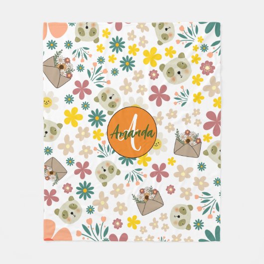 Mooie, dunne, monogrammen bloemen pastelwit fleece deken (Voorkant)