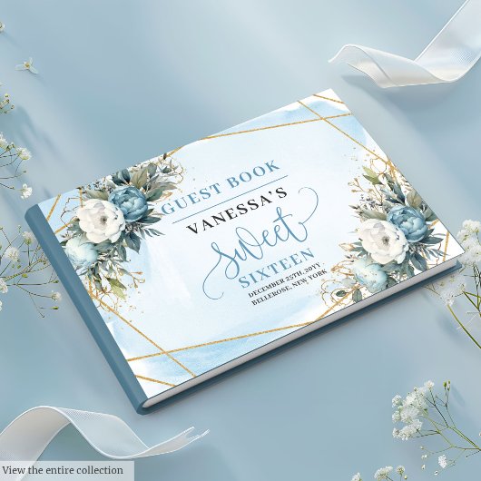 Mooie Dusty Blue White Gold Flowers Sweet 16th Gastenboek