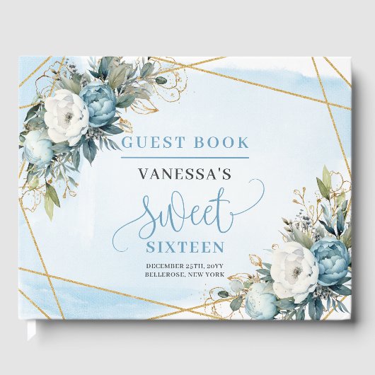 Mooie Dusty Blue White Gold Flowers Sweet 16th Gastenboek (Voorkant)