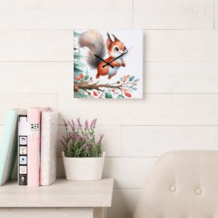 Mooie Eekhoorn Aquarel Herfstbladeren Kinderkamer Vierkante Klok