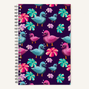 Mooie Eend Bloem Motief Kawaii Roze Blauwe Eenden Notitieboek