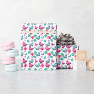 Mooie Eend Bloemmotief Kawaii Roze Blauwe Eenden  Cadeaupapier