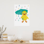 Mooie eend met paraplu in regenboog regen poster (Keuken)