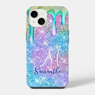 Mooie eenhoorn blauwe roze glitters druppels monog iPhone 14 hoesje