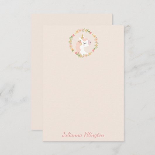 Mooie Eenhoorn Bloemenkrans Roze Roze Custom Naam Bedankkaart (Voorkant / Achterkant)