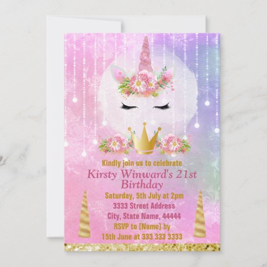 Mooie Eenhoorn Gezicht Roze Bloemen Verjaardagsfee Kaart (Voorkant)