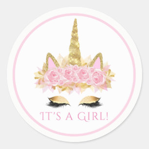 Mooie Eenhoorn Gezicht Roze Goud Baby Shower Stick Ronde Sticker